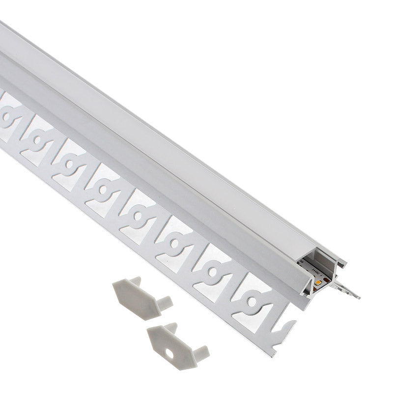 Perfil fabricado en aluminio de alta calidad ideal para iluminación de cualquier ambiente (baños, cocinas, pasillos, salones, etc) Se instala en obra entre el pladur, yeso, azulejos, etc. Dispone de aletas troqueladas que facilita la inserción del cemento u otro material para asegurar así un agarre perfecto a la pared.