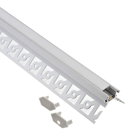 Perfil fabricado en aluminio de alta calidad ideal para iluminación de cualquier ambiente (baños, cocinas, pasillos, salones, etc) Se instala en obra entre el pladur, yeso, azulejos, etc. Dispone de aletas troqueladas que facilita la inserción del cemento u otro material para asegurar así un agarre perfecto a la pared.