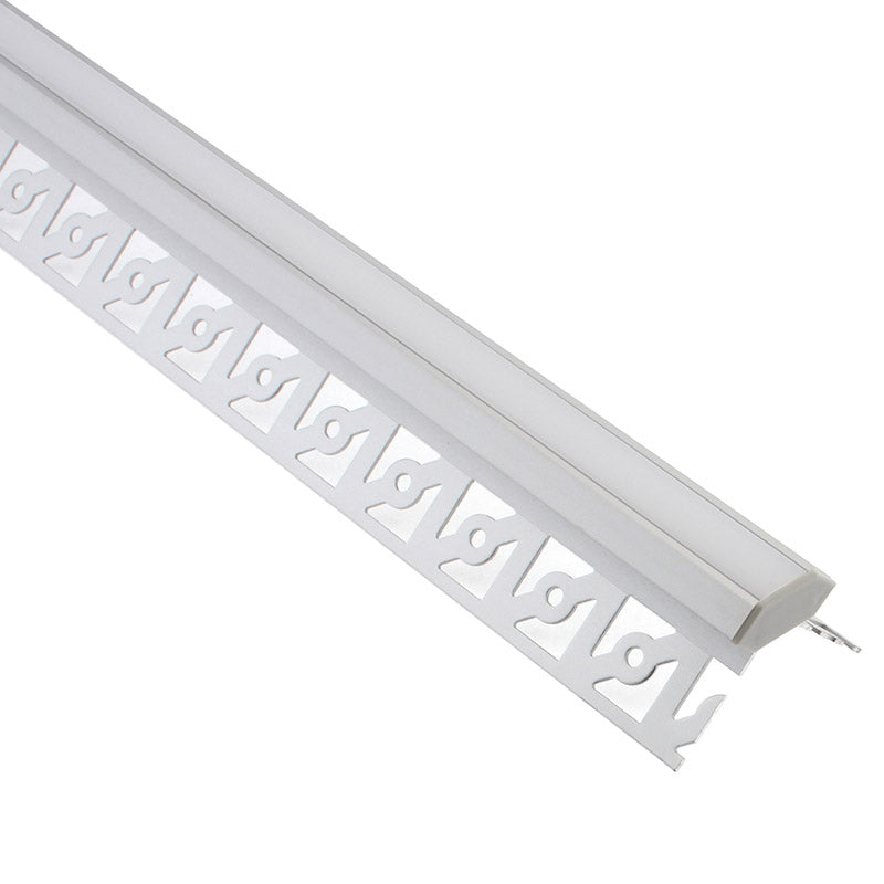Perfil fabricado en aluminio de alta calidad ideal para iluminación de cualquier ambiente (baños, cocinas, pasillos, salones, etc) Se instala en obra entre el pladur, yeso, azulejos, etc. Dispone de aletas troqueladas que facilita la inserción del cemento u otro material para asegurar así un agarre perfecto a la pared.