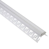 Perfil fabricado en aluminio de alta calidad ideal para iluminación de cualquier ambiente (baños, cocinas, pasillos, salones, etc) Se instala en obra entre el pladur, yeso, azulejos, etc. Dispone de aletas troqueladas que facilita la inserción del cemento u otro material para asegurar así un agarre perfecto a la pared.