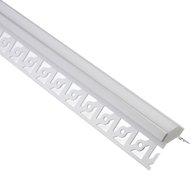 Perfil fabricado en aluminio de alta calidad ideal para iluminación de cualquier ambiente (baños, cocinas, pasillos, salones, etc) Se instala en obra entre el pladur, yeso, azulejos, etc. Dispone de aletas troqueladas que facilita la inserción del cemento u otro material para asegurar así un agarre perfecto a la pared.