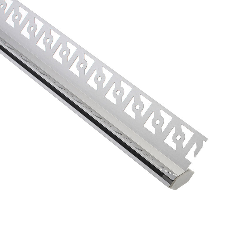 Perfil fabricado en aluminio de alta calidad ideal para iluminación de cualquier ambiente (baños, cocinas, pasillos, salones, etc) Se instala en obra entre el pladur, yeso, azulejos, etc. Dispone de aletas troqueladas que facilita la inserción del cemento u otro material para asegurar así un agarre perfecto a la pared.