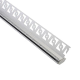 Perfil fabricado en aluminio de alta calidad ideal para iluminación de cualquier ambiente (baños, cocinas, pasillos, salones, etc) Se instala en obra entre el pladur, yeso, azulejos, etc. Dispone de aletas troqueladas que facilita la inserción del cemento u otro material para asegurar así un agarre perfecto a la pared.