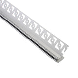 Perfil fabricado en aluminio de alta calidad ideal para iluminación de cualquier ambiente (baños, cocinas, pasillos, salones, etc) Se instala en obra entre el pladur, yeso, azulejos, etc. Dispone de aletas troqueladas que facilita la inserción del cemento u otro material para asegurar así un agarre perfecto a la pared.