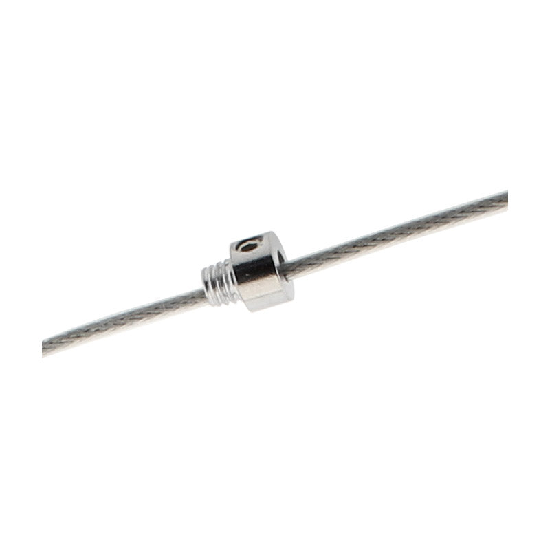 Prisionero metálico en forma de cilindro fabricado en acero cromado para perfiles redondos CYCLE. Sirve para pasar el cable de suspensión y/o elecrificado para alimentar a la tira led instalada en el perfil.