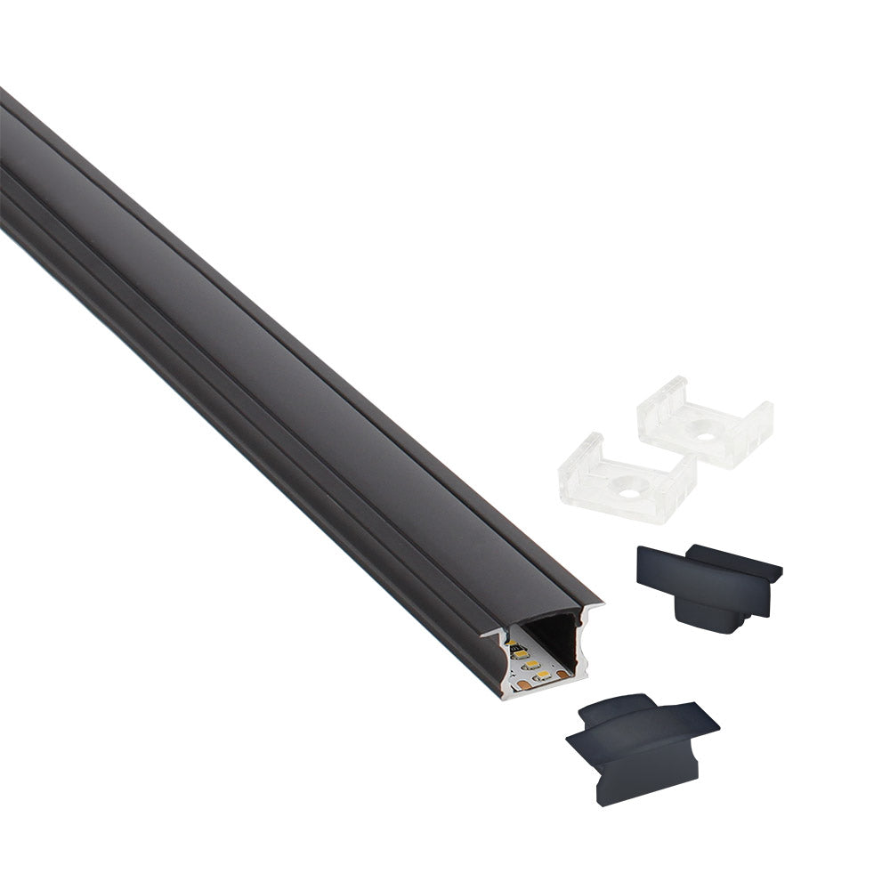 Kit que incluye perfil de aluminio de color negro, cubierta negra y tapas laterales. Para proteger y ocultar las tiras led, lo que permite realizar instalaciones profesionales, limpias y con estilo.