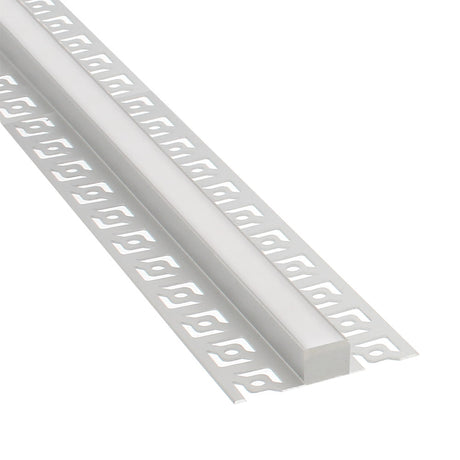 Perfil fabricado en aluminio de alta calidad ideal para iluminación de cualquier ambiente (baños, cocinas, pasillos, salones, etc) Se instala en obra entre el pladur, yeso, azulejos, etc. Dispone de aletas troqueladas que facilita la inserción del cemento u otro material para asegurar así un agarre perfecto a la pared.