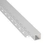 Perfil fabricado en aluminio de alta calidad ideal para iluminación de cualquier ambiente (baños, cocinas, pasillos, salones, etc) Se instala en obra entre el pladur, yeso, azulejos, etc. Dispone de aletas troqueladas que facilita la inserción del cemento u otro material para asegurar así un agarre perfecto a la pared.