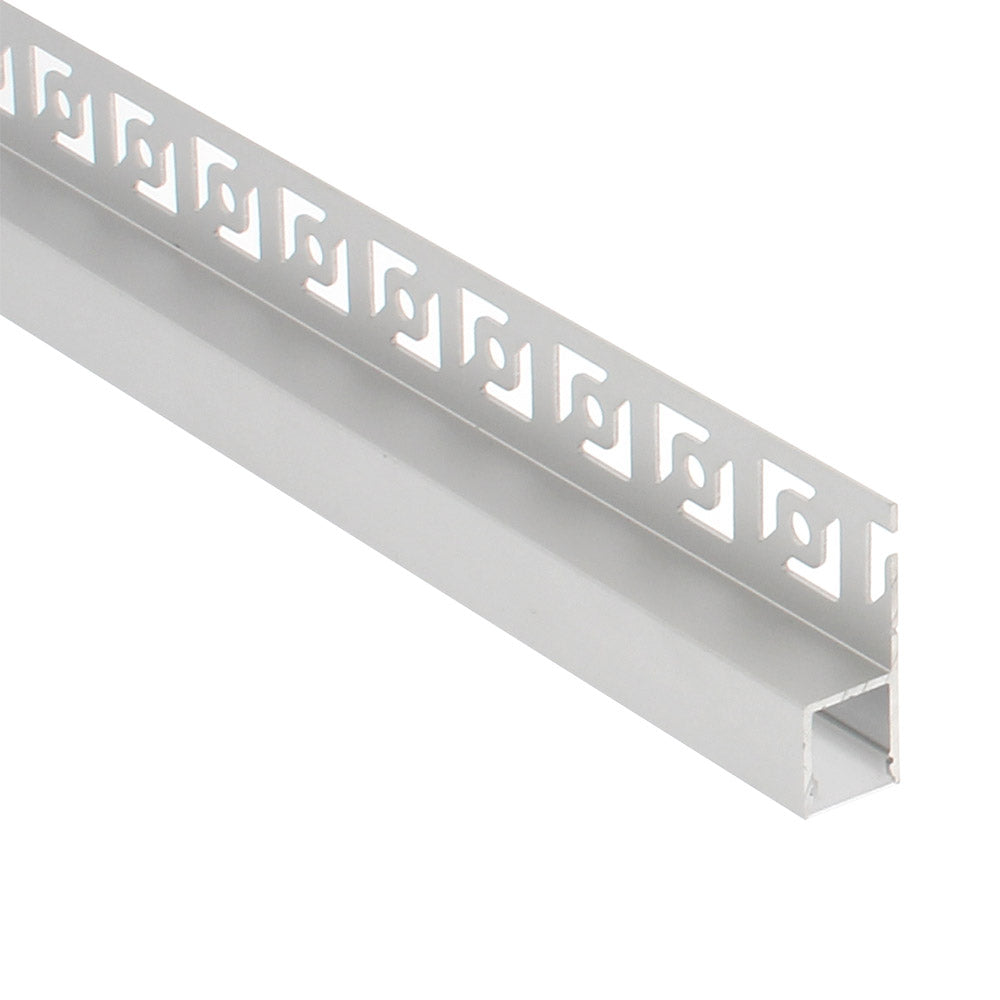 Perfil fabricado en aluminio de alta calidad ideal para iluminación de cualquier ambiente (baños, cocinas, pasillos, salones, etc) Se instala en obra entre el pladur, yeso, azulejos, etc. Dispone de aletas troqueladas que facilita la inserción del cemento u otro material para asegurar así un agarre perfecto a la pared.