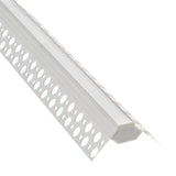 Perfil fabricado en aluminio de alta calidad ideal para iluminación de cualquier ambiente (baños, cocinas, pasillos, salones, etc) Se instala en obra entre el pladur, yeso, azulejos, etc. Dispone de aletas troqueladas que facilita la inserción del cemento u otro material para asegurar así un agarre perfecto a la pared.