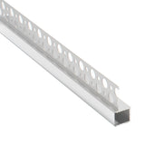 Perfil fabricado en aluminio de alta calidad ideal para iluminación de cualquier ambiente (baños, cocinas, pasillos, salones, etc) Se instala en obra entre el pladur, yeso, azulejos, etc. Dispone de aletas troqueladas que facilita la inserción del cemento u otro material para asegurar así un agarre perfecto a la pared.