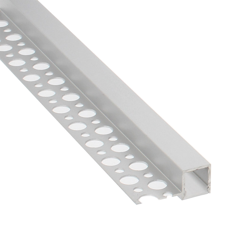 Perfil fabricado en aluminio de alta calidad ideal para iluminación de cualquier ambiente (baños, cocinas, pasillos, salones, etc) Se instala en obra entre el pladur, yeso, azulejos, etc. Dispone de aletas troqueladas que facilita la inserción del cemento u otro material para asegurar así un agarre perfecto a la pared.