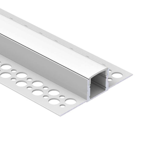 Perfil fabricado en aluminio de alta calidad ideal para iluminación de cualquier ambiente (baños, cocinas, pasillos, salones, etc) Se instala en obra entre el pladur, yeso, azulejos, etc. Dispone de aletas troqueladas que facilita la inserción del cemento u otro material para asegurar así un agarre perfecto a la pared.