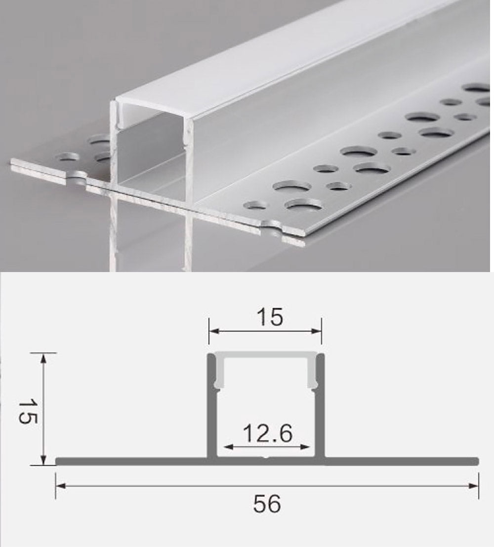 Perfil fabricado en aluminio de alta calidad ideal para iluminación de cualquier ambiente (baños, cocinas, pasillos, salones, etc) Se instala en obra entre el pladur, yeso, azulejos, etc. Dispone de aletas troqueladas que facilita la inserción del cemento u otro material para asegurar así un agarre perfecto a la pared.