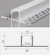 Perfil fabricado en aluminio de alta calidad ideal para iluminación de cualquier ambiente (baños, cocinas, pasillos, salones, etc) Se instala en obra entre el pladur, yeso, azulejos, etc. Dispone de aletas troqueladas que facilita la inserción del cemento u otro material para asegurar así un agarre perfecto a la pared.