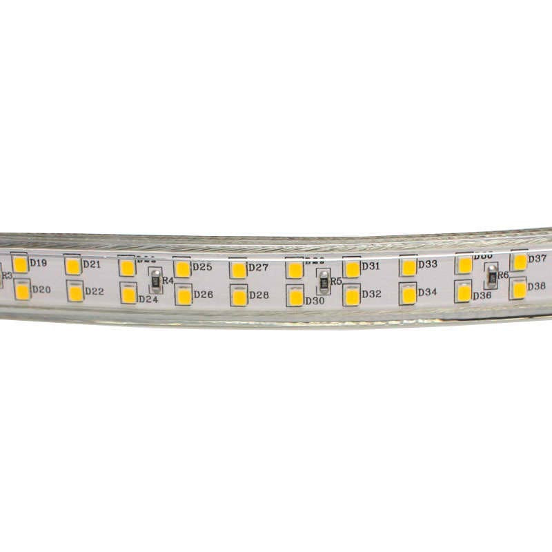 Tira LED doble flexible SMD3014 de alta tensión que se conecta directamente a la red eléctrica de 220V mediante un alimentador, está fabricada con componentes de alta calidad, permite una alta disipación del calor y son impermeables gracias a la cubierta transparente de PVC. Por su flexibilidad y alta luminosidad es ideal para crear una iluminación de calidad en todo tipo de ambientes, tanto en interiores como en exteriores.