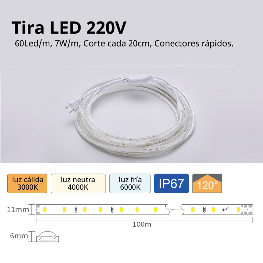 Tira LED flexible SMD2835 de 60 led/metro de alta tensión que se conecta directamente a la red eléctrica de 220V mediante un alimentador. Nueva tira que no necesita conectores intermedios, su sistema innovador de conectores rápidos hacen mas sencilla su instalación. Por su flexibilidad y alta luminosidad es ideal para crear una iluminación de calidad en todo tipo de ambientes, tanto en interiores como en exteriores (IP67). 