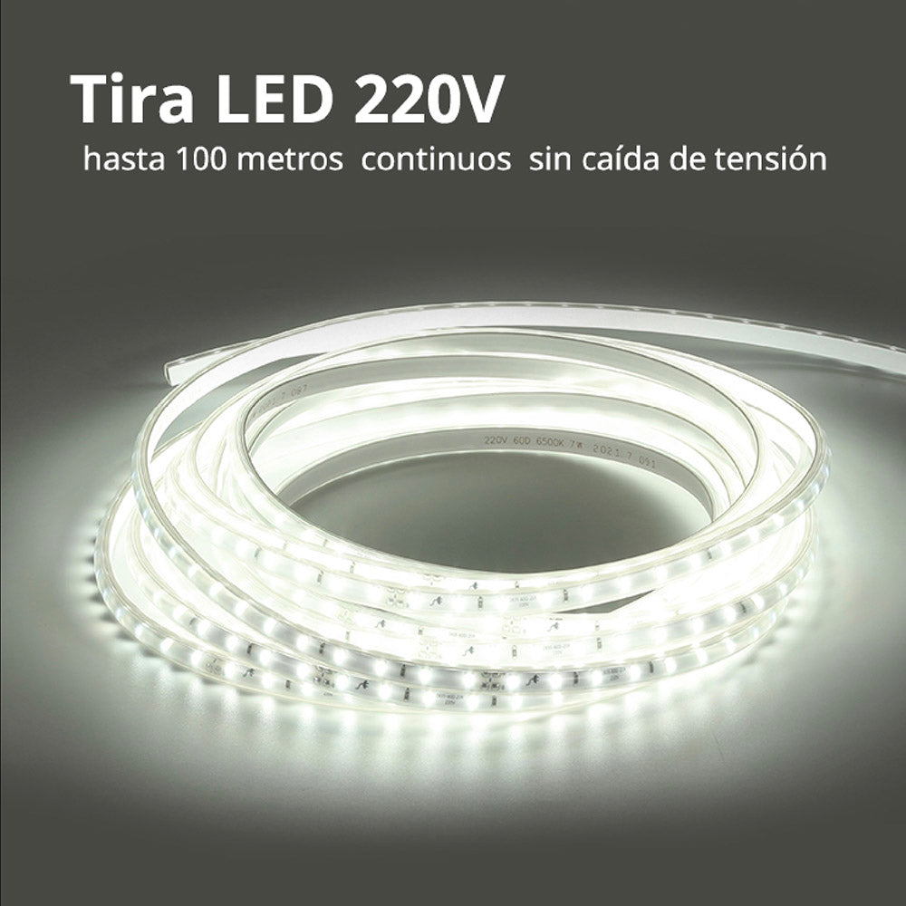 Tira LED flexible SMD2835 de 60 led/metro de alta tensión que se conecta directamente a la red eléctrica de 220V mediante un alimentador. Nueva tira que no necesita conectores intermedios, su sistema innovador de conectores rápidos hacen mas sencilla su instalación. Por su flexibilidad y alta luminosidad es ideal para crear una iluminación de calidad en todo tipo de ambientes, tanto en interiores como en exteriores (IP67). 