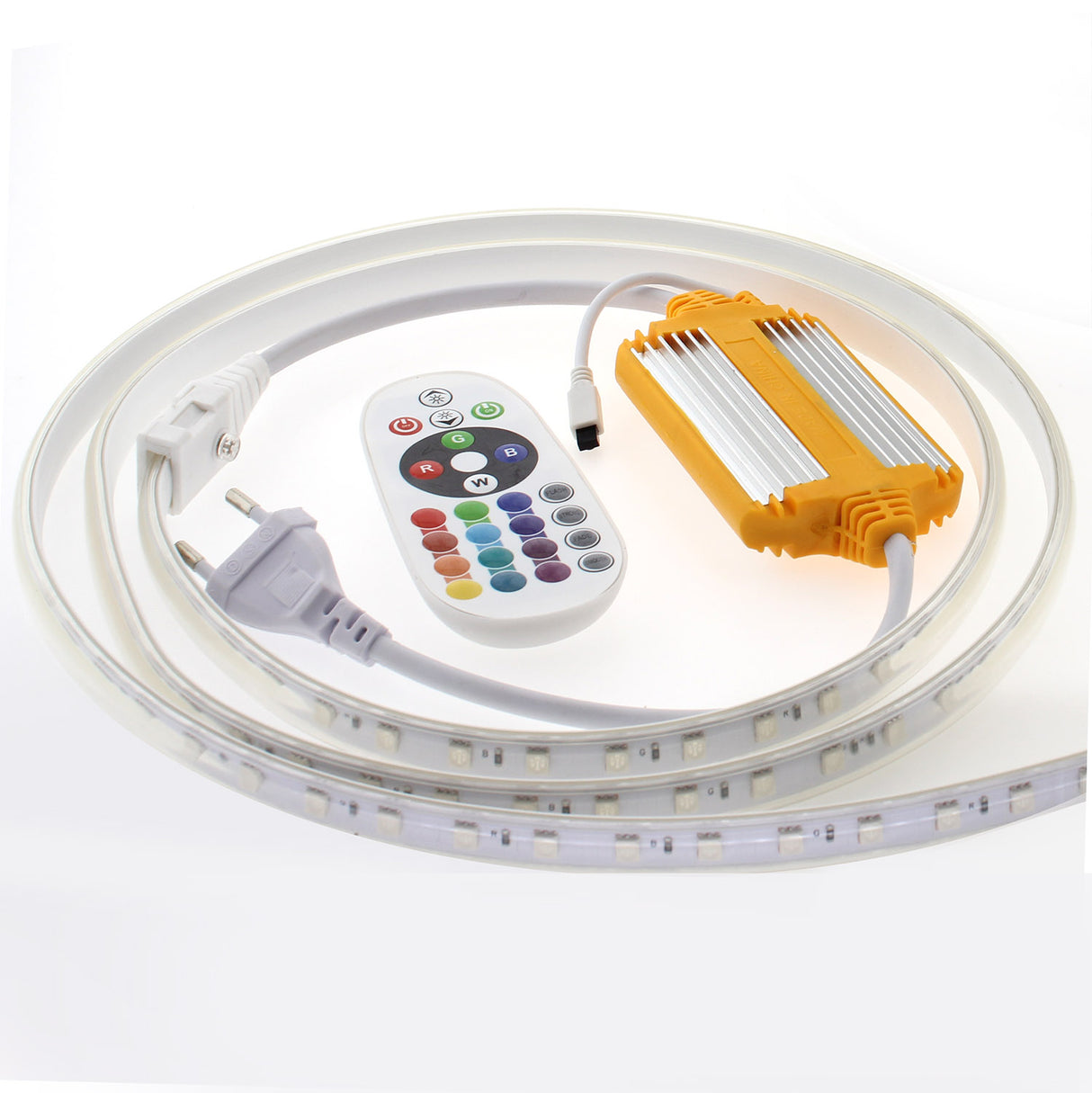 Incluye controlador + mando a distancia. Tira de LED flexible de 220V  fabricada con componentes de alta calidad, permite una alta disipación del calor y son impermeables gracias a la cubierta transparente de PVC. Por su flexibilidad y alta luminosidad es ideal para crear una iluminación de calidad en todo tipo de ambientes, tanto en interiores como en exteriores. Longitud de corte 1m.