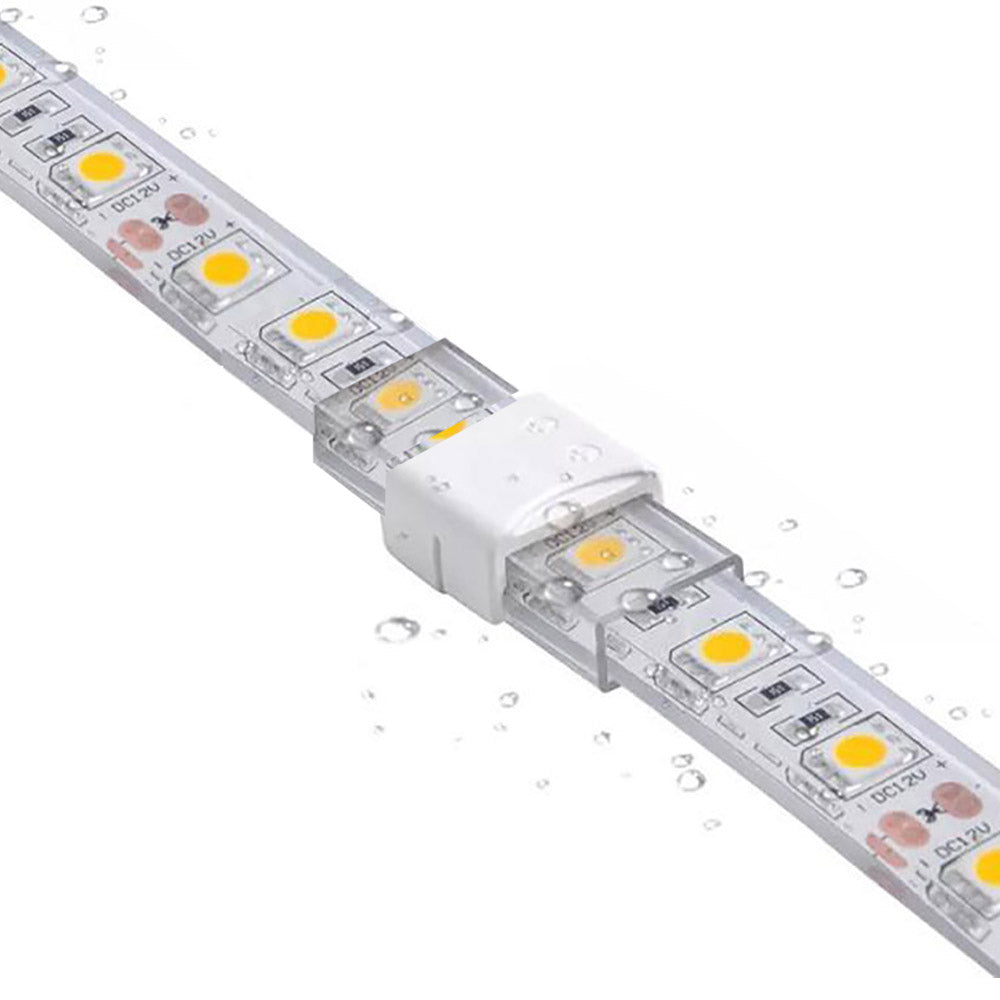 Conector que permite conectar de manera directa dos tramos de tira LED monocolor COB o SMD de PCB 10mm de alta tensión a la red eléctrica de 220V o DC12/24V.