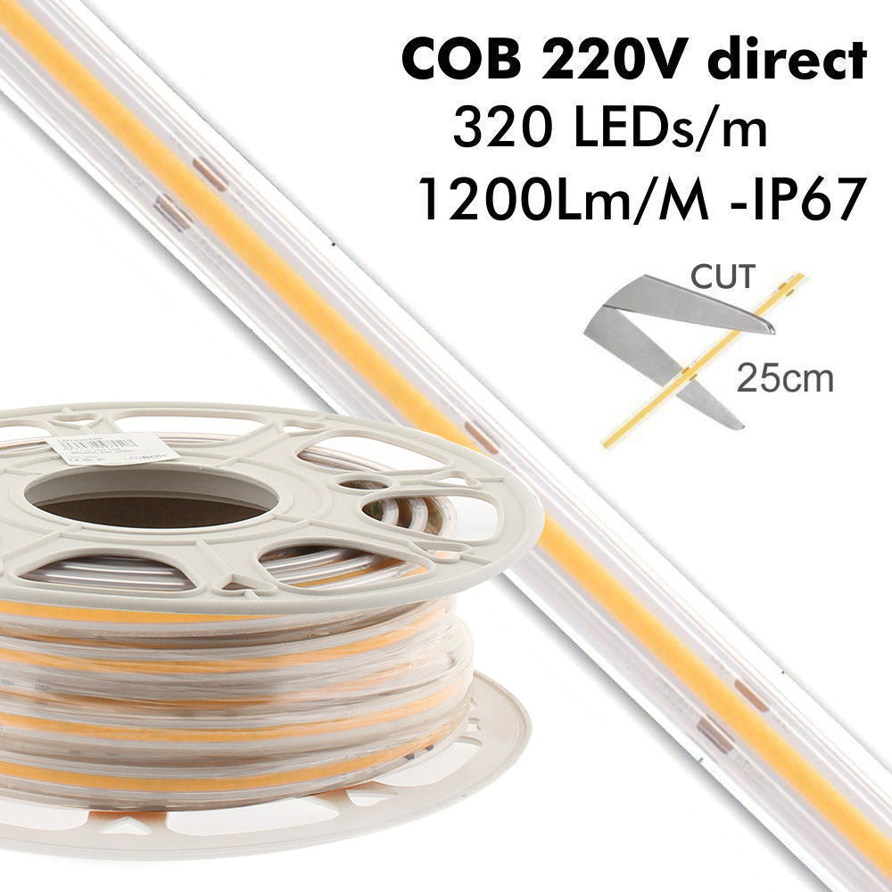 20 metros de tira LED profesional, con 320led FlipChip por metro. Se conecta directamente a la red eléctrica de 220V sin necesidad de rectificador. Por su flexibilidad y alta luminosidad es ideal para crear una iluminación de calidad en todo tipo de ambientes, tanto en interiores como en exteriores (IP67).  Incluye cinta adhesiva para una fácil instalación. Un elevado índice de reproducción cromática CRI>90 e intensidad regulable por Triac.