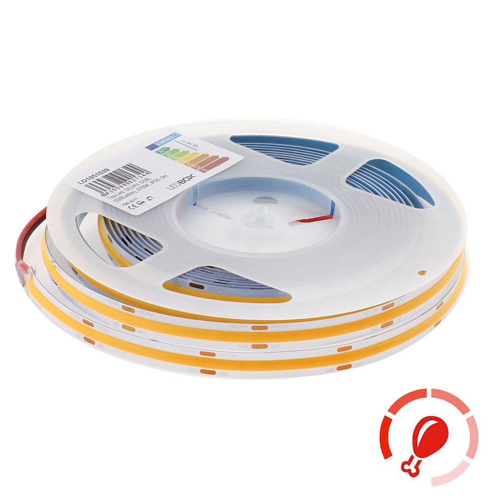 Tira LED con el nuevo Chip COB que ofrece iluminación lineal continua sin puntos. Incorpora cinta adhesiva 3M-térmica de máxima calidad para colocar la tira en cualquier superficie. Especialmente indicada para realzar los alimentos frescos: carnes, frutas.