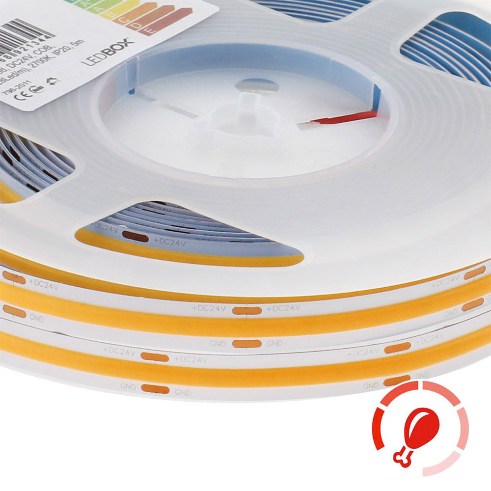 Tira LED con el nuevo Chip COB que ofrece iluminación lineal continua sin puntos. Incorpora cinta adhesiva 3M-térmica de máxima calidad para colocar la tira en cualquier superficie. Especialmente indicada para realzar los alimentos frescos: carnes, frutas.