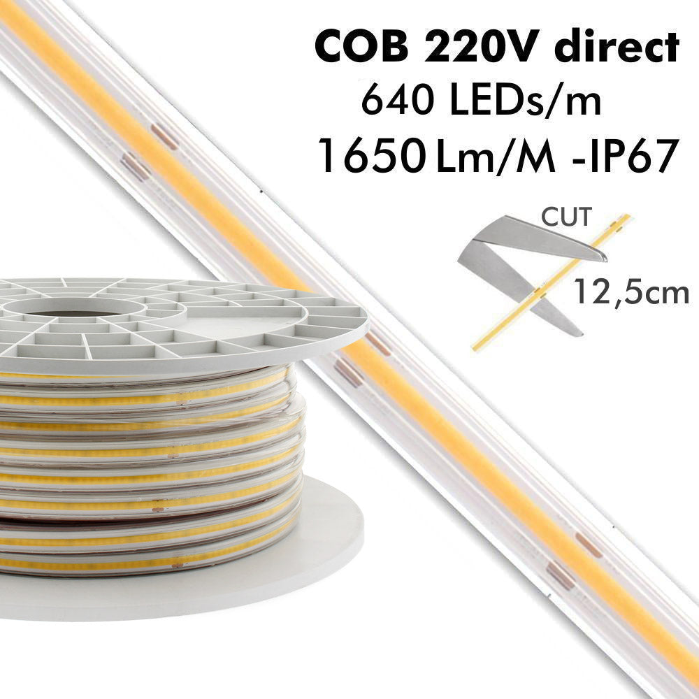 Tira LED flexible COB  (1 metro) de 288 led/metro de alta tensión que se conecta directamente a la red eléctrica de 220V mediante un alimentador. Nueva tira que no necesita conectores intermedios, su sistema innovador de conectores rápidos hacen mas sencilla su instalación. Por su flexibilidad y alta luminosidad es ideal para crear una iluminación de calidad en todo tipo de ambientes, tanto en interiores como en exteriores (IP65).  Incluye cinta adhesiva para una fácil instalación.