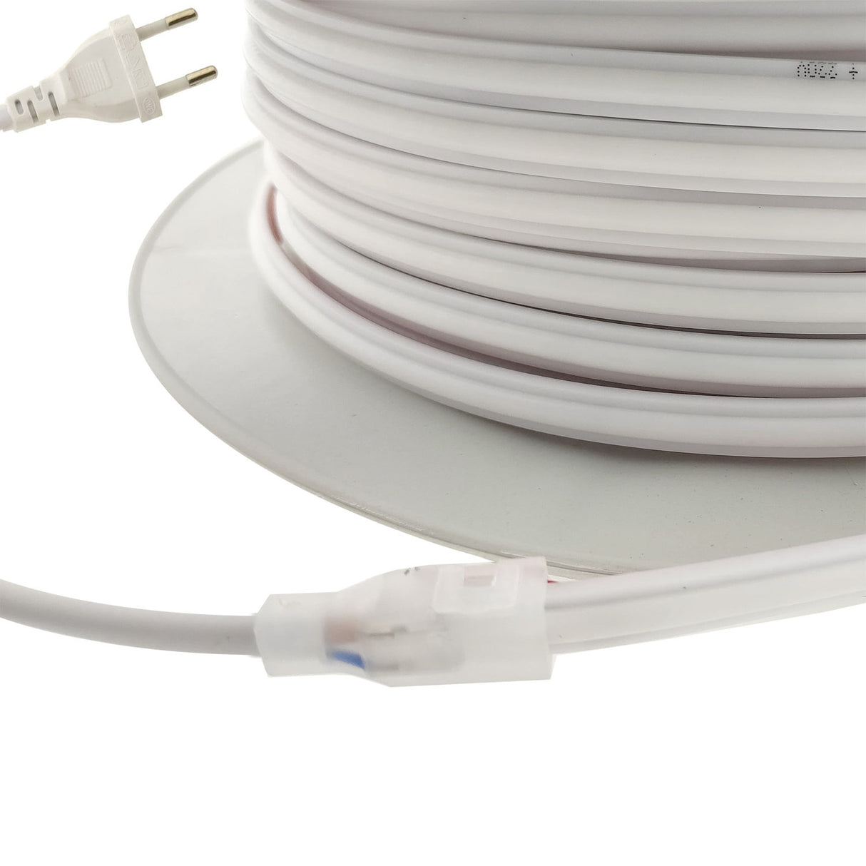 Carrete de 50 metros de tira LED flexible COB de 288 led/metro de alta tensión que se conecta directamente a la red eléctrica de 220V mediante un alimentador. Sus mínimas dimensiones de 4*10mm, con protección impermeable al agua IP68 y nueva cubierta de silicona que emiten una iluminación lineal sin puntos. Por su flexibilidad y alta luminosidad es ideal para crear una iluminación de calidad en todo tipo de ambientes, tanto en interiores como en exteriores. Incluye cinta adhesiva para una fácil instalación.