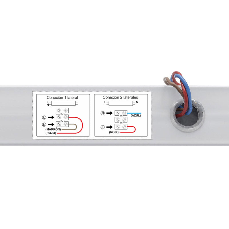 Regleta con conectores T8 para instalar fácilmente 1 tubo LED de 120cm. Fácil configuración e instalación. Preparado para instalar tubos led con conexión  a 1 ó 2 laterales.