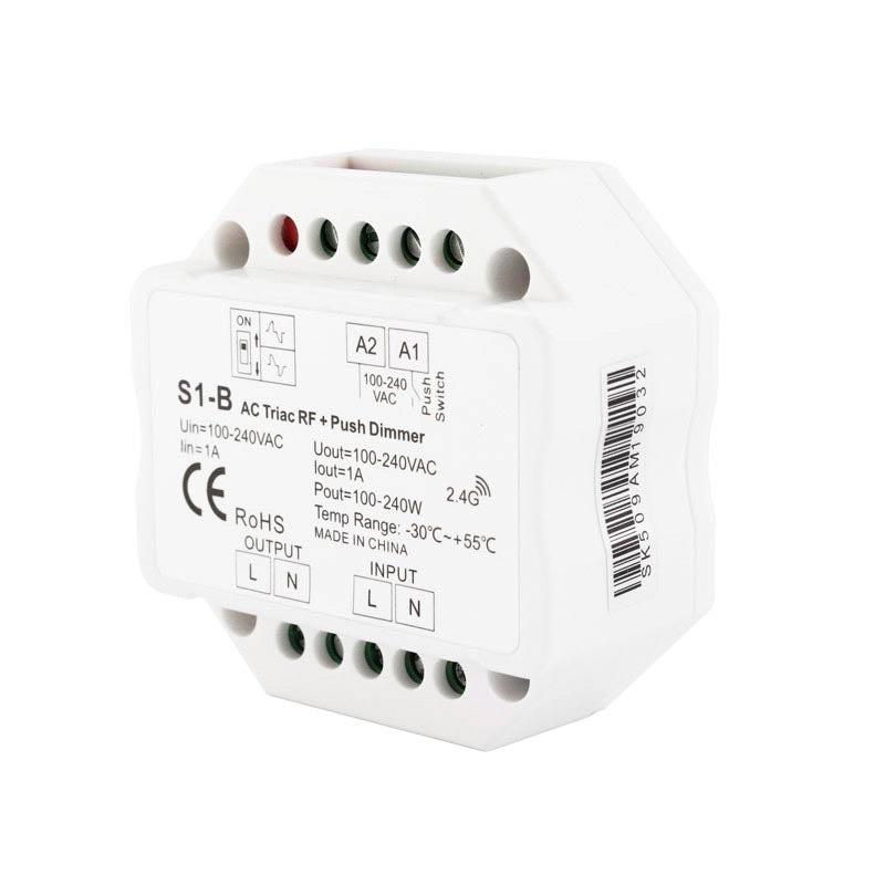 Un nuevo concepto de regulador TRIAC AC (max 240W) de mínimo tamaño y compatible con mandos a distancia RF (ver accesorios) para el control de luminarias LED regulables, lámparas incandescentes y halógenos.