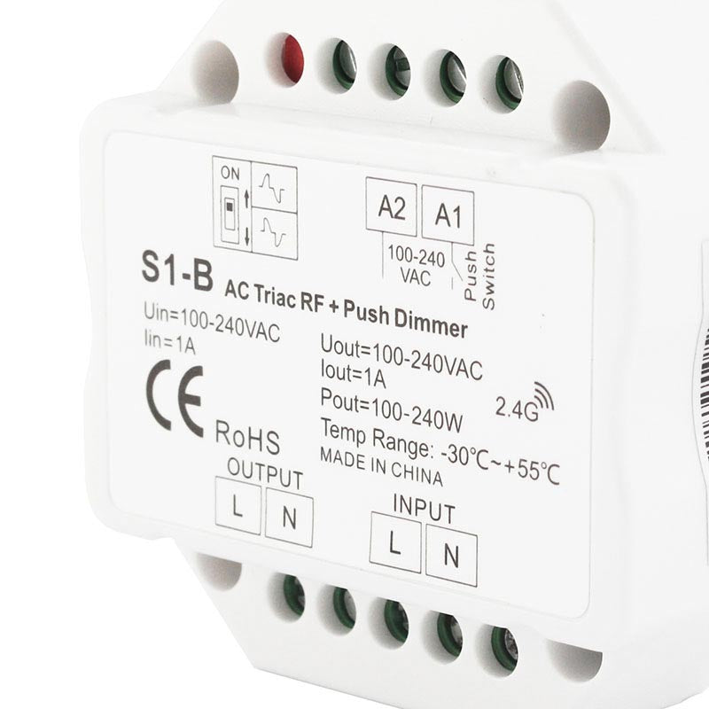 Un nuevo concepto de regulador TRIAC AC (max 240W) de mínimo tamaño y compatible con mandos a distancia RF (ver accesorios) para el control de luminarias LED regulables, lámparas incandescentes y halógenos.