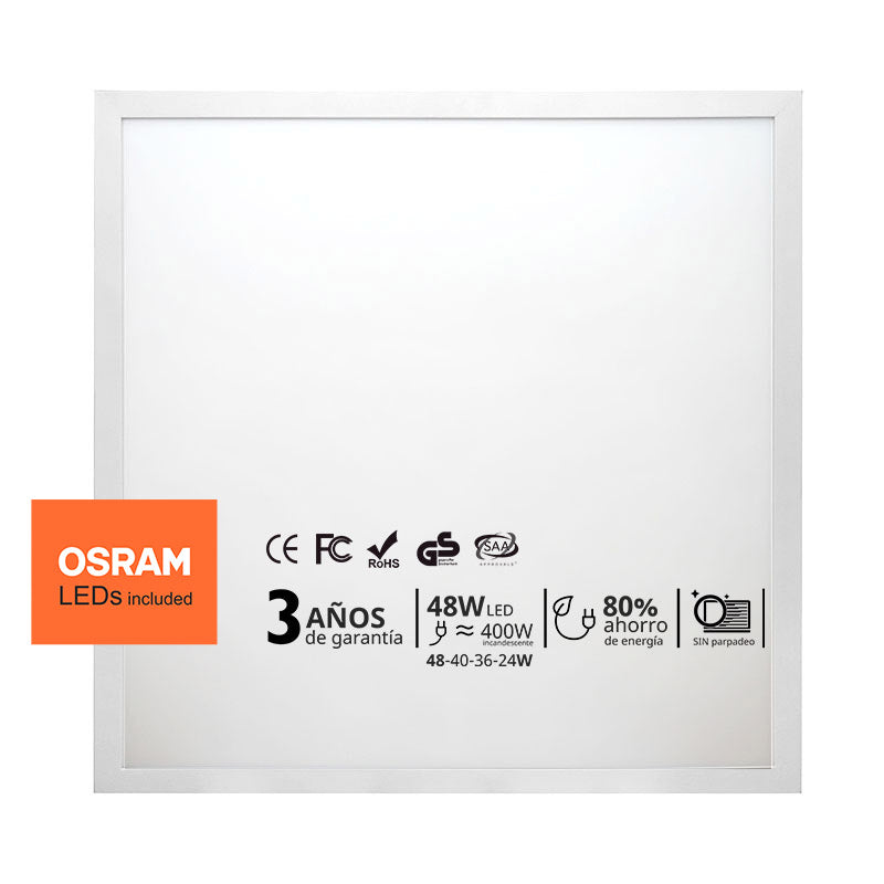 Pack de 10 paneles LED de máxima calidad con chip led OSRAM de alta luminosidad. Con driver led regulable para seleccionar la potencia deseada 48W-40W-36W ó 24W. Iluminación backlight que asegura que el panel led no amarillee con el tiempo de uso. ideal para las instalaciones más exigentes. Marco en color blanco para una mejor integración en la decoración. Certificación ENEC 05