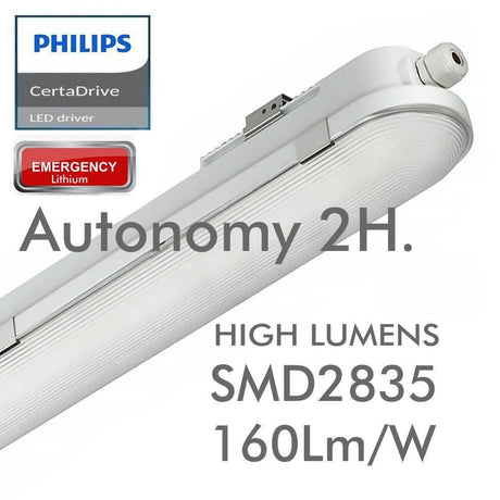 Innovadora Regleta EMERGENCIA LED con tecnología CCT - Color seleccionable (3000K-4000K-6000K) con PHILIPS Driver. Su diseño elegante presenta una cubierta semi transparente fabricada con materiales de primera calidad: Policarbonato y ABS. Incorpora batería de emergencia,  no permanente,  con hasta 2 horas de autonomía, brindando tranquilidad en situaciones críticas. Cuando la electricidad falla, la regleta aún proporciona un 20% de luminosidad, manteniendo el entorno iluminado y seguro. 