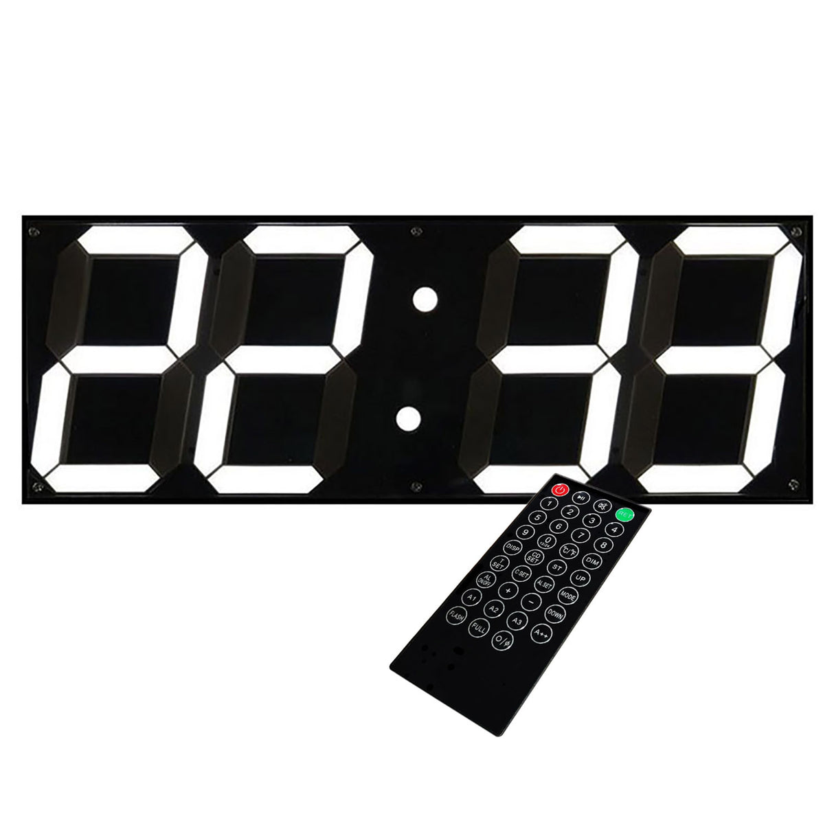 Nueva versión del Reloj digital con mando a distancia de grandes dimensiones (45cm) con diseño minimalista. Incorpora múltiples funciones adicionales como termómetro, calendario, alarma, cuenta atrás, etc. Con sensor crepuscular que ajusta automáticamente el brillo a la luz ambiente. Es el reloj perfecto!