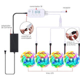 Kit completo que incluye 4 tiras led RGB de 7,5 metros cada una, adaptador de corriente DC12V, controlador IR WiFi, mando a distancia y accesorios. Las tiras LED RGB son autoadhesivas y son ideales para crear efectos ambientales en Navidad. Decora con luz y controla por APP Wifi o mando a distancia.