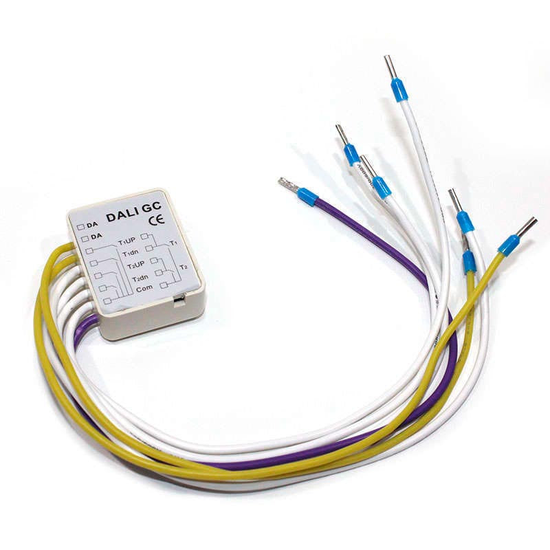 Módulo de control DALI. Permite el control de encendido/apagado y regulación de 2 grupos con dos dispositivos cada uno.