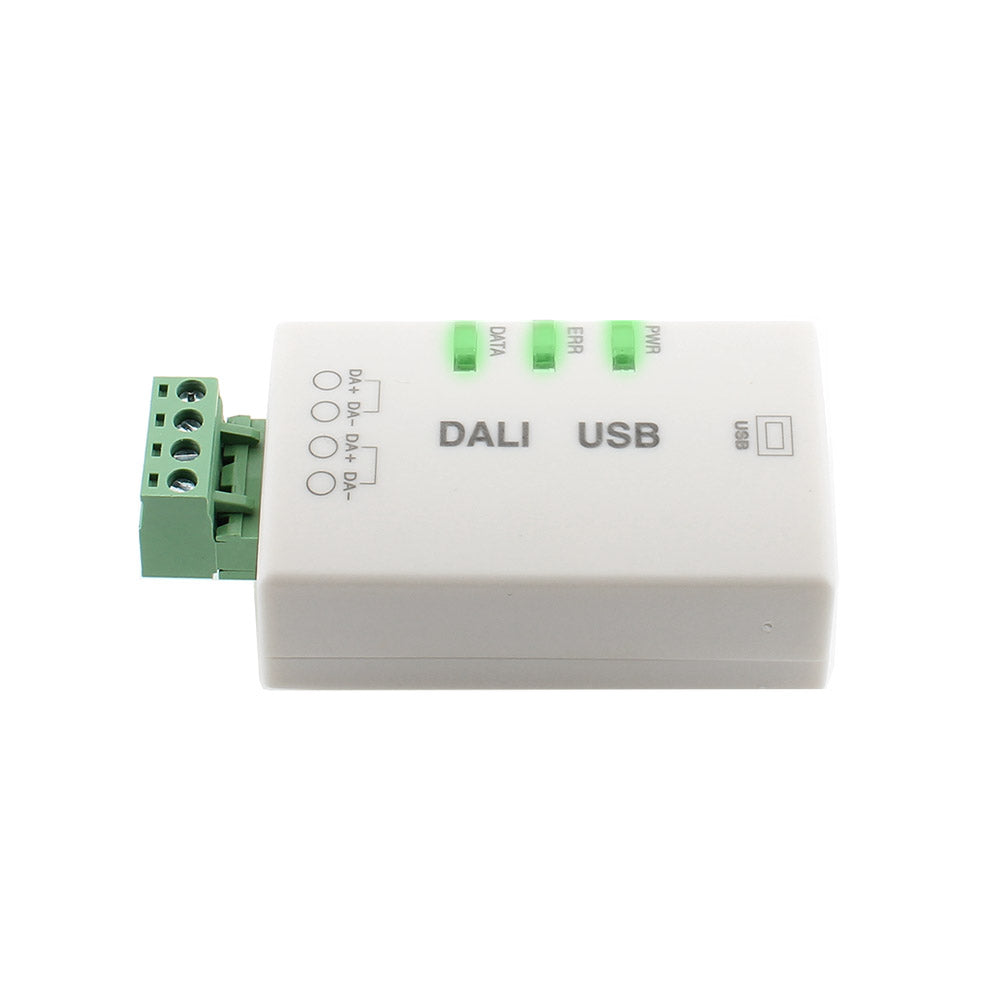 DALI Master con conexión USB para configurar desde el PC el control de los dispositivos DALI. En combinación del software dedicado permite la depuración y configuración del sistema de control de iluminación DALI.