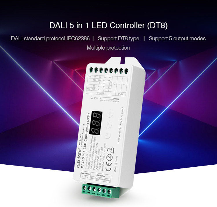 Módulo DALI para el control de tiras led o luminarias led DC12/24V. Control DALI con funciones de regulación y selección de color de tiras MONO, CCT, RGB, RGBW, RGB+CCT mediante Master o panel táctil. Incluye display para facilitar la configuación. Soporta Push dimming.