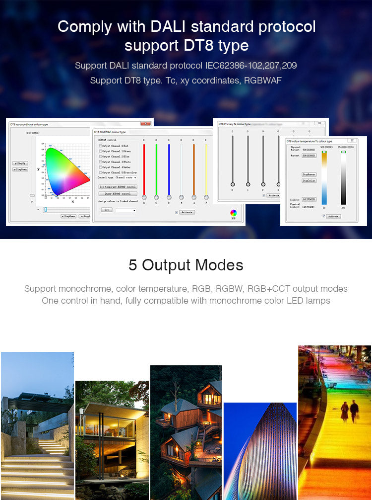 Módulo DALI para el control de tiras led o luminarias led DC12/24V. Control DALI con funciones de regulación y selección de color de tiras MONO, CCT, RGB, RGBW, RGB+CCT mediante Master o panel táctil. Incluye display para facilitar la configuación. Soporta Push dimming.
