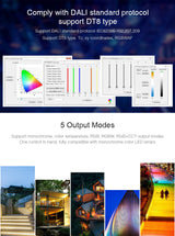 Módulo DALI para el control de tiras led o luminarias led DC12/24V. Control DALI con funciones de regulación y selección de color de tiras MONO, CCT, RGB, RGBW, RGB+CCT mediante Master o panel táctil. Incluye display para facilitar la configuación. Soporta Push dimming.