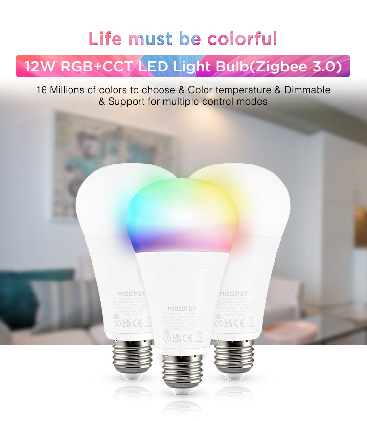 Bombilla inteligente compatible con el standar Zigbee 3.0 que proporciona a los usuarios un control fácil y sencillo de todas sus funiones. Fácil instalación y conectividad ZigBee. Selección entre blanco cálido, neutro o frío, color RGB, o color RGB + blanco.