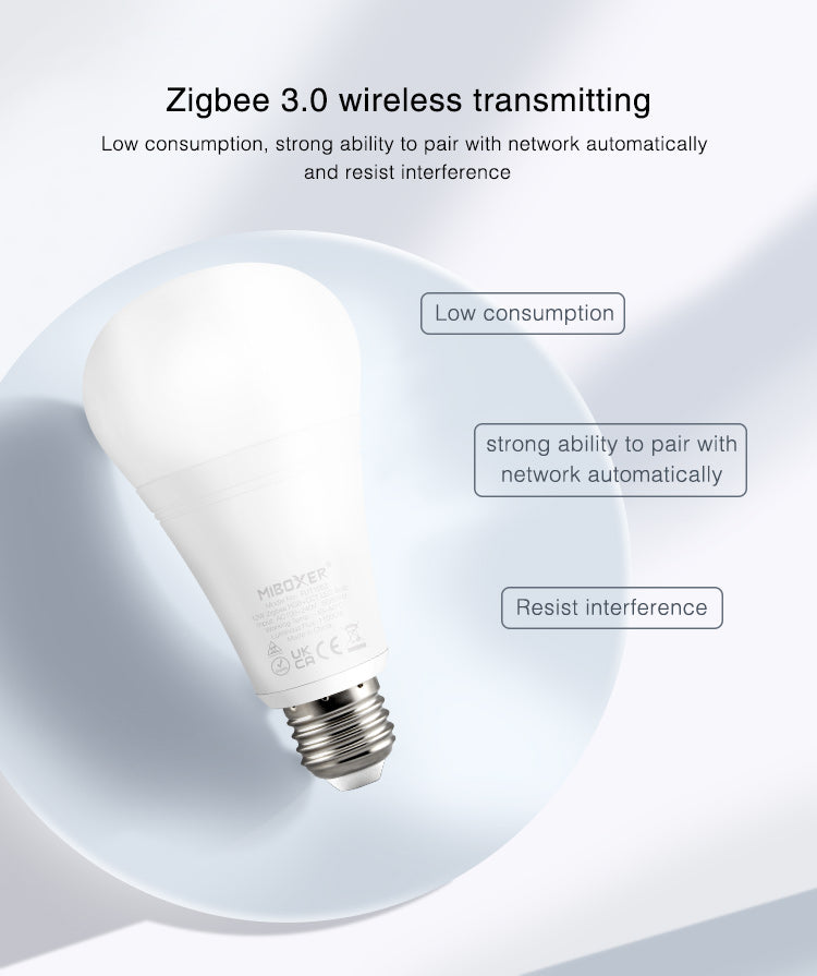 Bombilla inteligente compatible con el standar Zigbee 3.0 que proporciona a los usuarios un control fácil y sencillo de todas sus funiones. Fácil instalación y conectividad ZigBee. Selección entre blanco cálido, neutro o frío, color RGB, o color RGB + blanco.