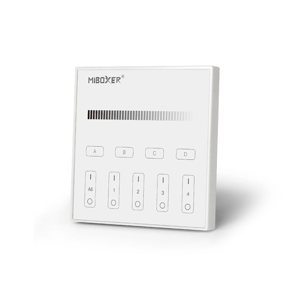 Panel táctil DALI para el control de tiras led monocolor o luminarias led. Controla el encendido/apagado y regulación de intensidad de hasta 4 grupos o zonas diferentes de forma individual o conjunta. Soporta modo de dirección única, modo de grupos y broadcast.