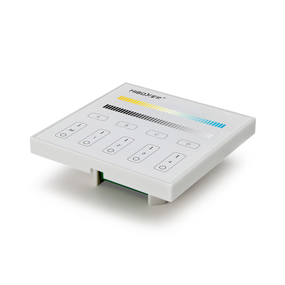 Panel táctil DALI para el control de tiras led CCT (blanco dual 2700K-6500K). Controla el encendido/apagado y regulación de intensidad y color de luz de hasta 4 grupos o zonas diferentes de forma individual o conjunta. Soporta modo de dirección única, modo de grupos y broadcast.