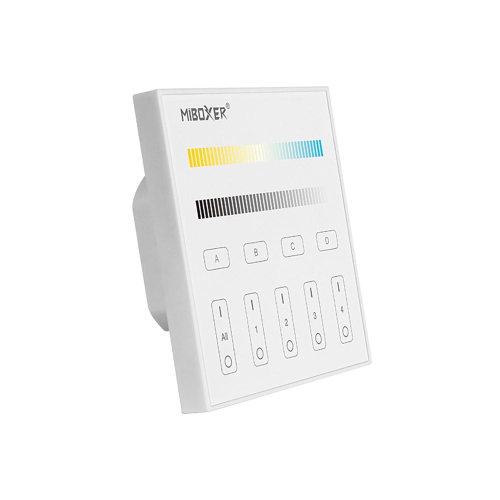 Panel táctil DALI para el control de tiras led CCT (blanco dual 2700K-6500K). Controla el encendido/apagado y regulación de intensidad y color de luz de hasta 4 grupos o zonas diferentes de forma individual o conjunta. Soporta modo de dirección única, modo de grupos y broadcast.
