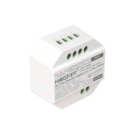 Un nuevo concepto de regulador TRIAC AC (max 300W) de mínimo tamaño y compatible con mandos a distancia RF (ver accesorios) para el control de luminarias LED regulables, lámparas incandescentes y halógenos.