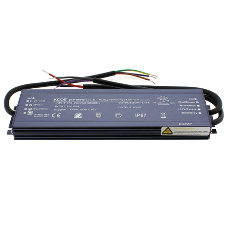 Fuente de alimentación con protección contra el agua IP67 y regulación 5 en 1: 0-10V, 1-10V, 10V PWM, TRIAC DIM, Resistance DIM. Libre de parpadeo, regulación 0-100%, Regulación led 1%. Ideal para regulación de tiras led DC24V, con posibilidad de añadir sondas crepusculares 0-10V, mandos y reguladores 0-10V, TRIAC, etc.