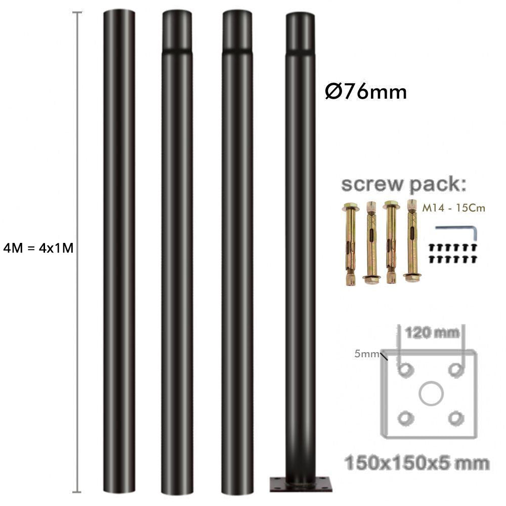 Elegante Columna galvanizada y pintada al horno en color negro de 4 metros de altura, especialmente diseñada para luminarias LED para tu jardín. Báculo desmontable en 4 tramos de 1 metro para un fácil transporte y una instalación sencilla. Fácil instalación y de construcción robusta.