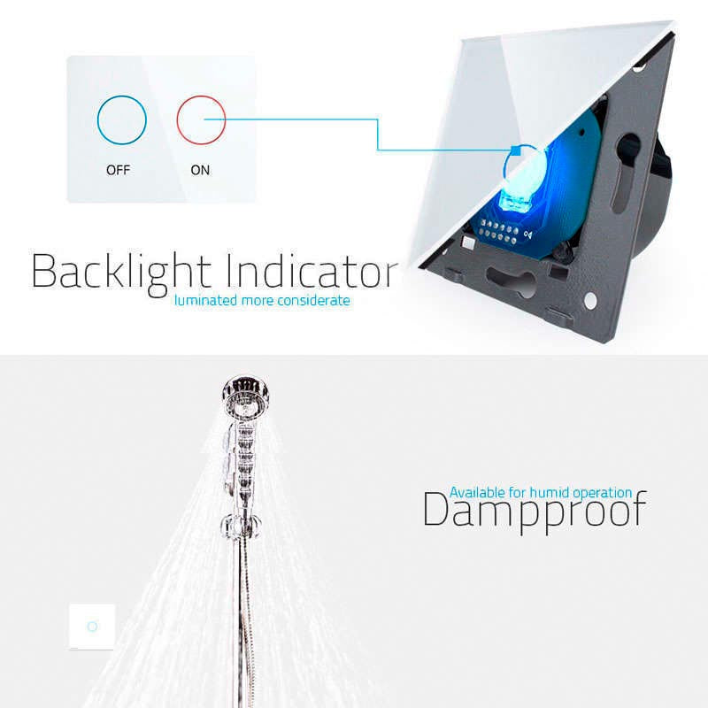 Interruptor táctil sencillo de 1 módulo con 1 encendido en color blanco. Interruptor eléctrico de empotrar con cuerpo de aluminio y panel frontal táctil iluminado de cristal templado con acabado de alta calidad y diseño minimalista.